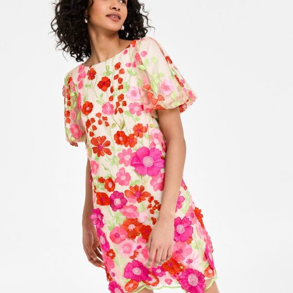 Eliza J Embroidered Floral Puff-Sleeve Shift Dress – Pink – NWT Size 4 - Picture 3 of 5